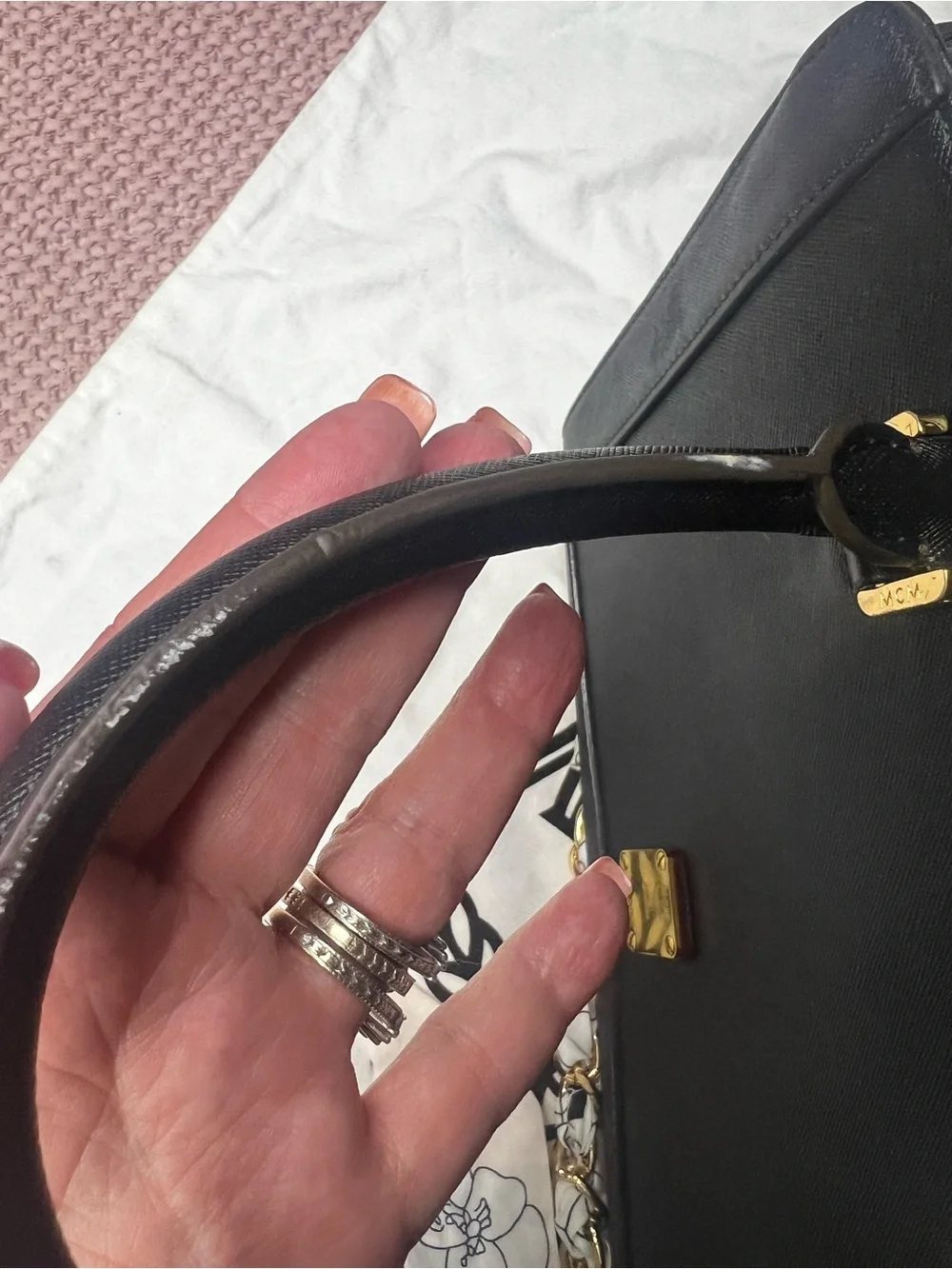 MCM Black Saffiano Leather Satchel Top Handle Crossbody Bag Gold Hardware